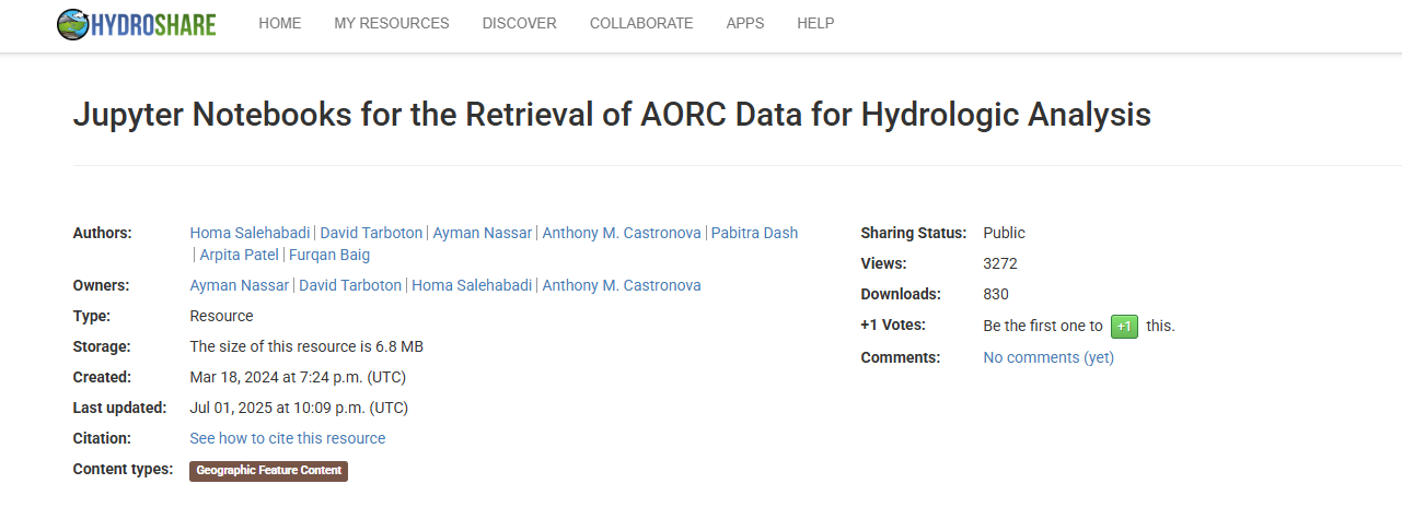 Screenshot of Hydroshare Resource