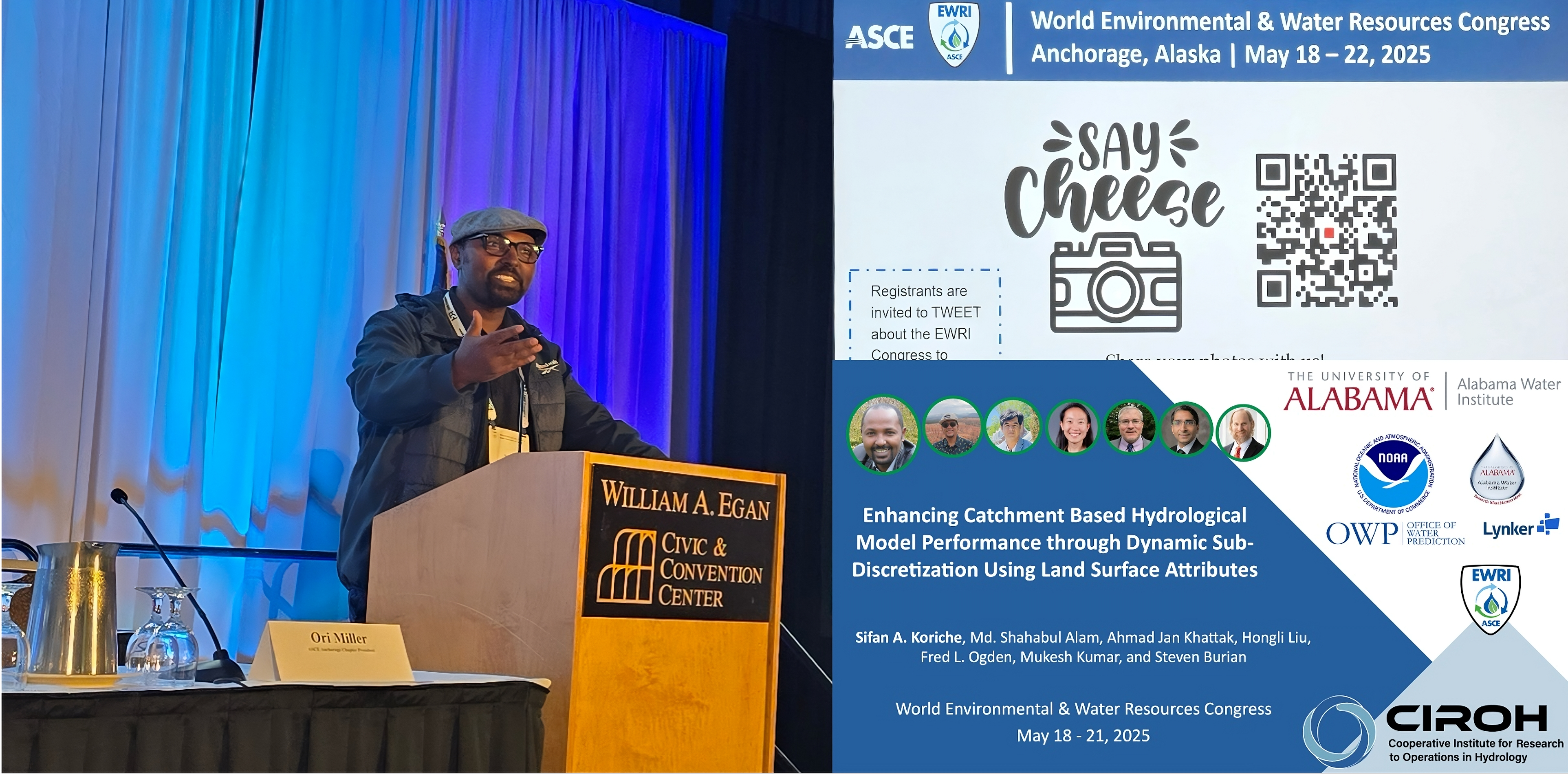 A speaker presents at the World Environmental &amp; Water Resources Congress, with a large screen displaying presentation details and a &#39;Say Cheese&#39; graphic with a QR code.