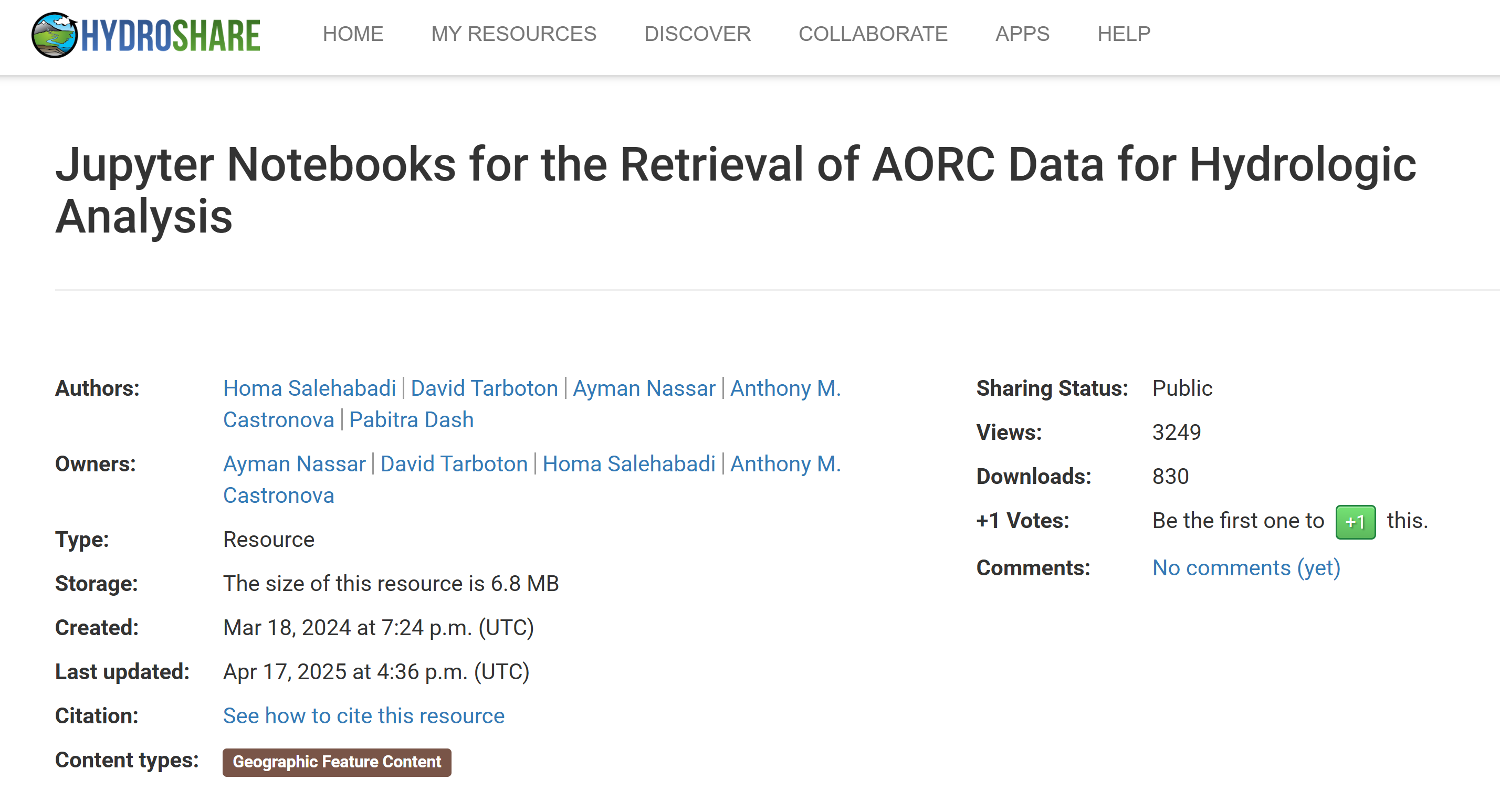 Screenshot of Hydroshare Resource